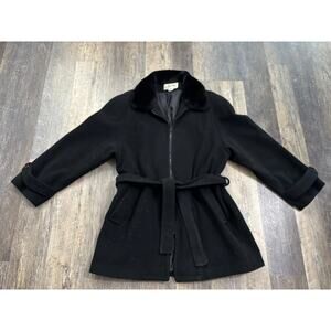 Andrea Morin Womens Black Wool Blend Zip Up Belted‎ Coat Faux Fur Collar M L